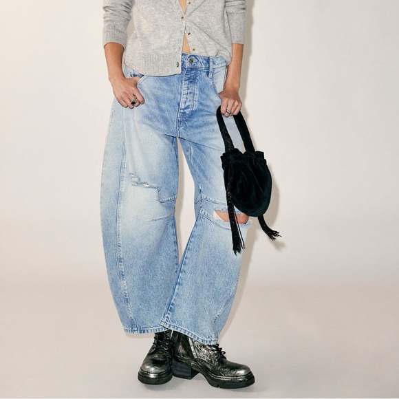 Free People Good Luck Mid-Rise Barrel Jeans in Barnyard Blue - Picture 2 of 13